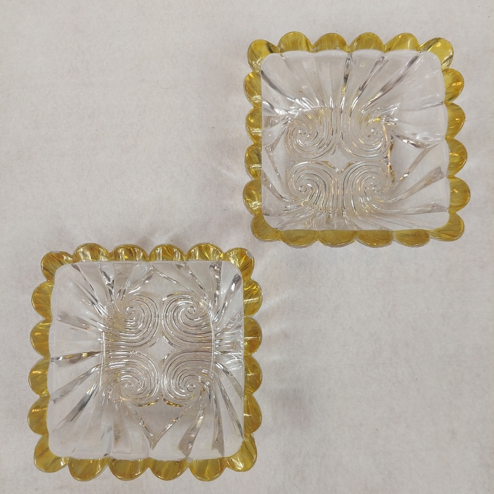 2 Vintage Glass Trinket Candy Dishes Scalloped Edge Amber Trim Swirl MCM Antique